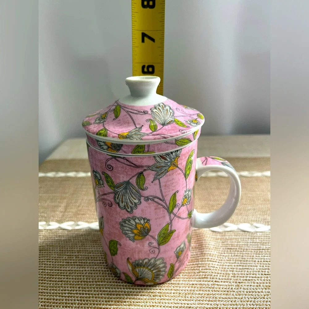 World Market Tea Cup & Infuser with Lid - 3pc Pink Flower & Leaf Floral Design - Picture 7 of 10